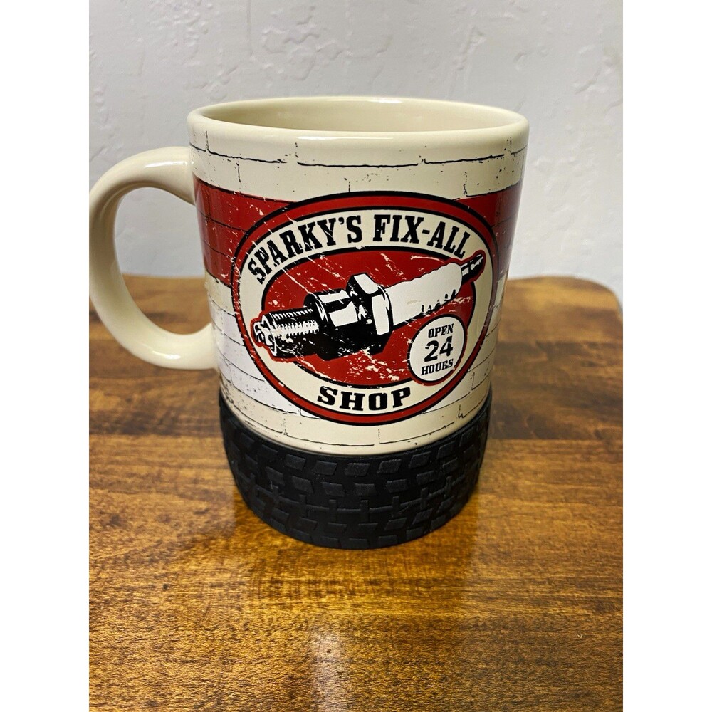 Sparky's Fix-All Shop Open 24 Hours Ceramic Coffee Mug Black Tire Tread Base VTG